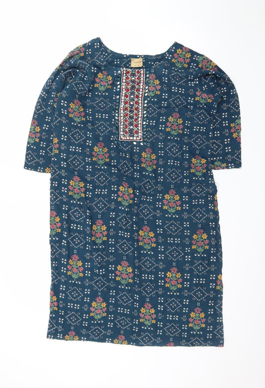 Additional front view of Color Women Blue Floral Embroidered Shift Dress XL