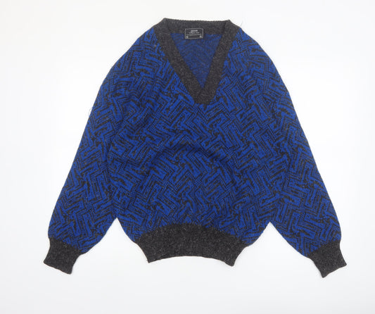 Additional front view of Sears unisex blue geometric wool blend v-neck jumper m