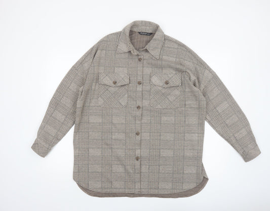 Stradivarius Women's Brown Check Tweed Button Jacket Size 8