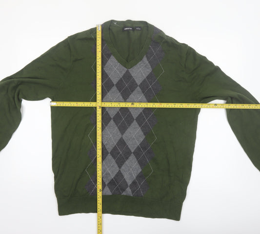 Claiborne Men's Green Argyle Cotton V-Neck Jumper Size L