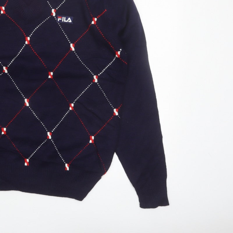 FILA Men's Blue Argyle V-Neck Jumper XL Knit Pullover Sweater
