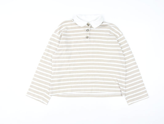 SELECTED FEMME Women's Beige Striped Cotton Polo Shirt XS