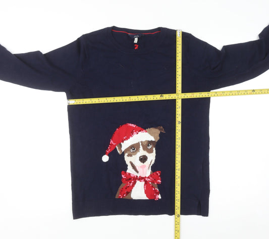 Joules Womens Blue Christmas Dog Sequin Jumper Size 10