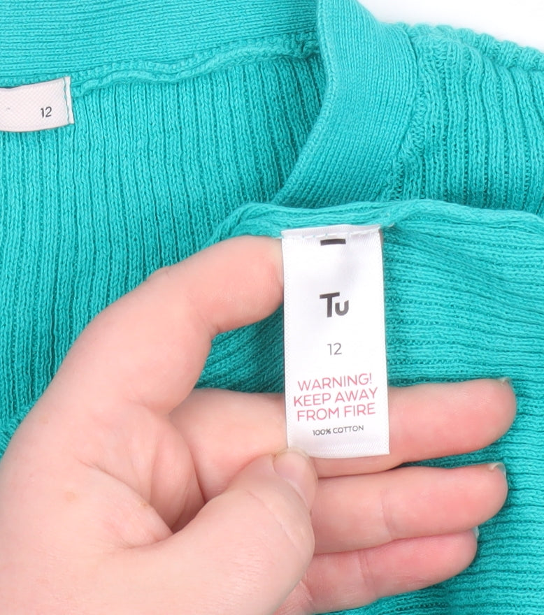 Tu Women Green Size 12 Cotton V-Neck Henley Short Sleeve Jumper