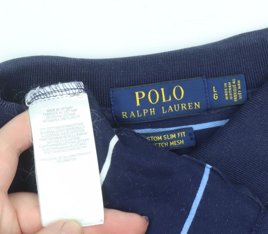 Ralph Lauren Men's Navy Blue Striped Slim Fit Polo Shirt Size L