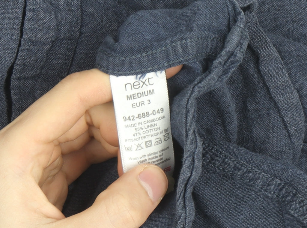 Next Women Blue Linen Cotton Short Sleeve Button-Up Shirt M