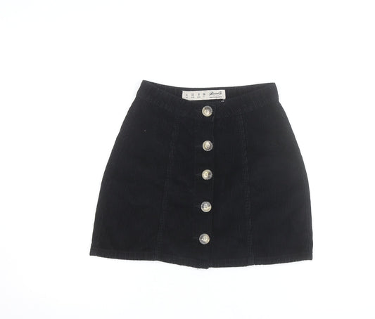 Additional front view of Denim Co. women’s black corduroy a-line button mini skirt, size UK 4