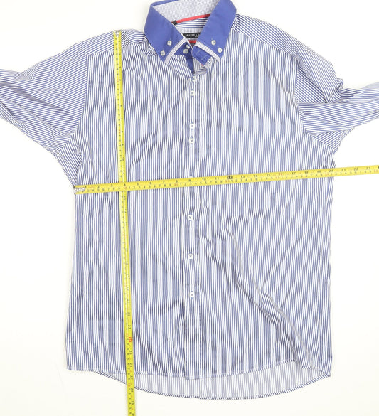 Guide London Men's Blue Striped Button-Down Cotton Blend Shirt XL