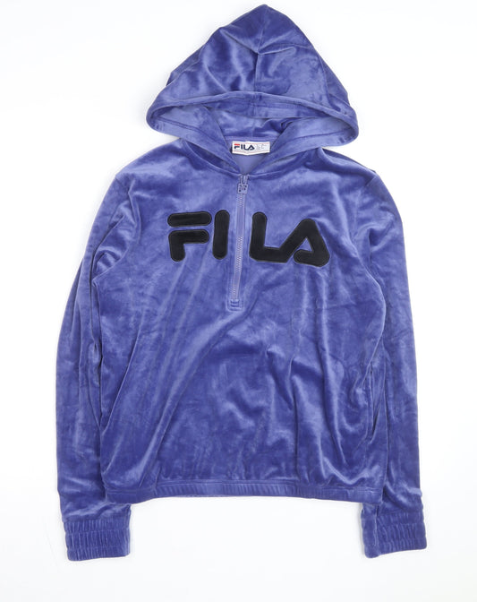 Additional front view of Fila Women's Blue Velour 1/2 Zip Hooded Sweatshirt, size S