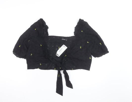 Boohoo Women's Black Floral Embroidered Cropped Blouse Size 16