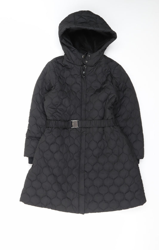 Monsoon Teens Black Quilted Hooded Belted Long Puffer Coat Size 10