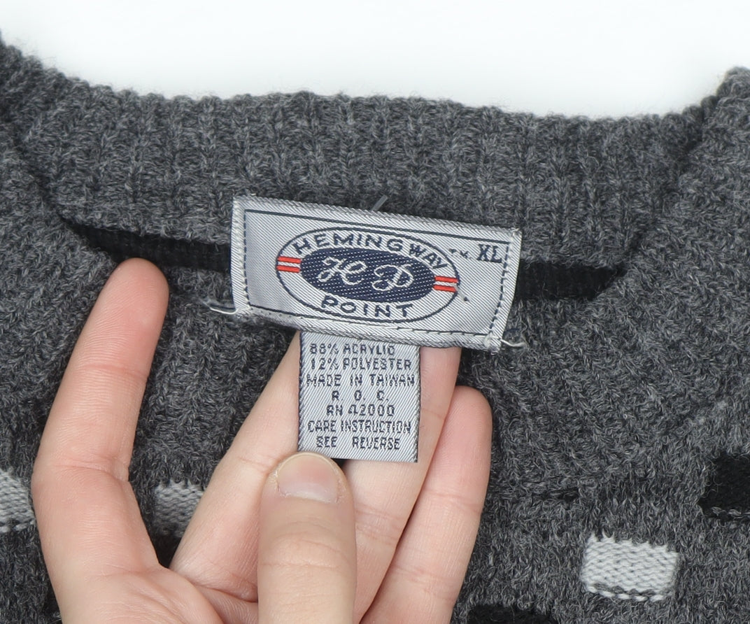 Hemingway Point Men's Grey Check Knit Crew Neck Jumper XL