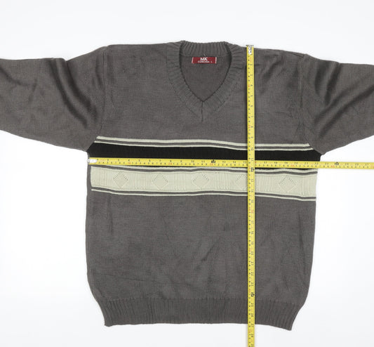 MK Collection Men's Grey V-Neck Pullover Jumper L Knitwear