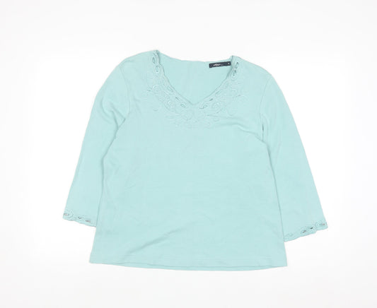 Dash Women's Blue Embroidered V-Neck 3/4 Sleeve Cotton Top Size 14