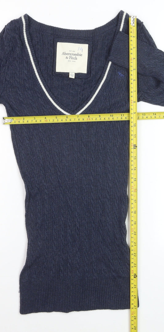 Abercrombie & Fitch Women's Navy Cable-Knit V-Neck Jumper Size M