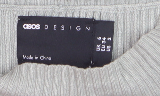 Brand and care label for ASOS DESIGN Women’s Grey Sleeveless Ribbed Bodycon Midi Dress, size UK 6