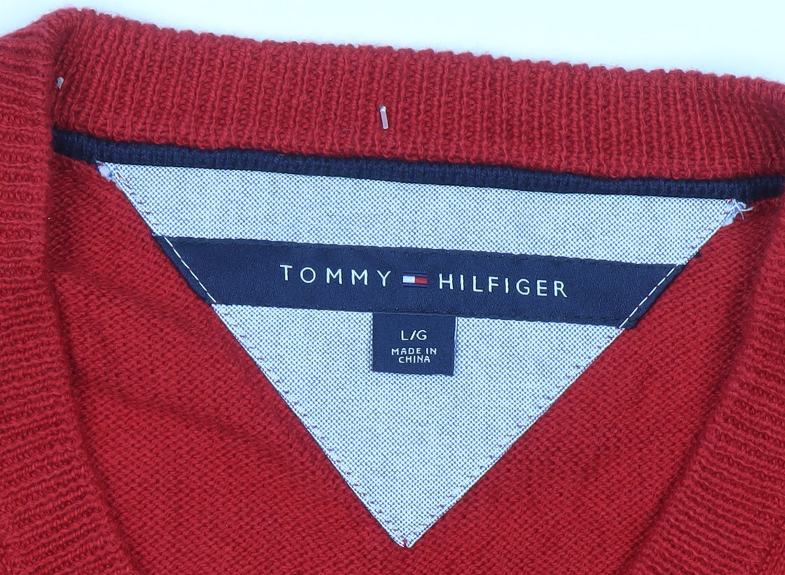 Tommy Hilfiger Men's Red V-Neck Cotton Blend Jumper L