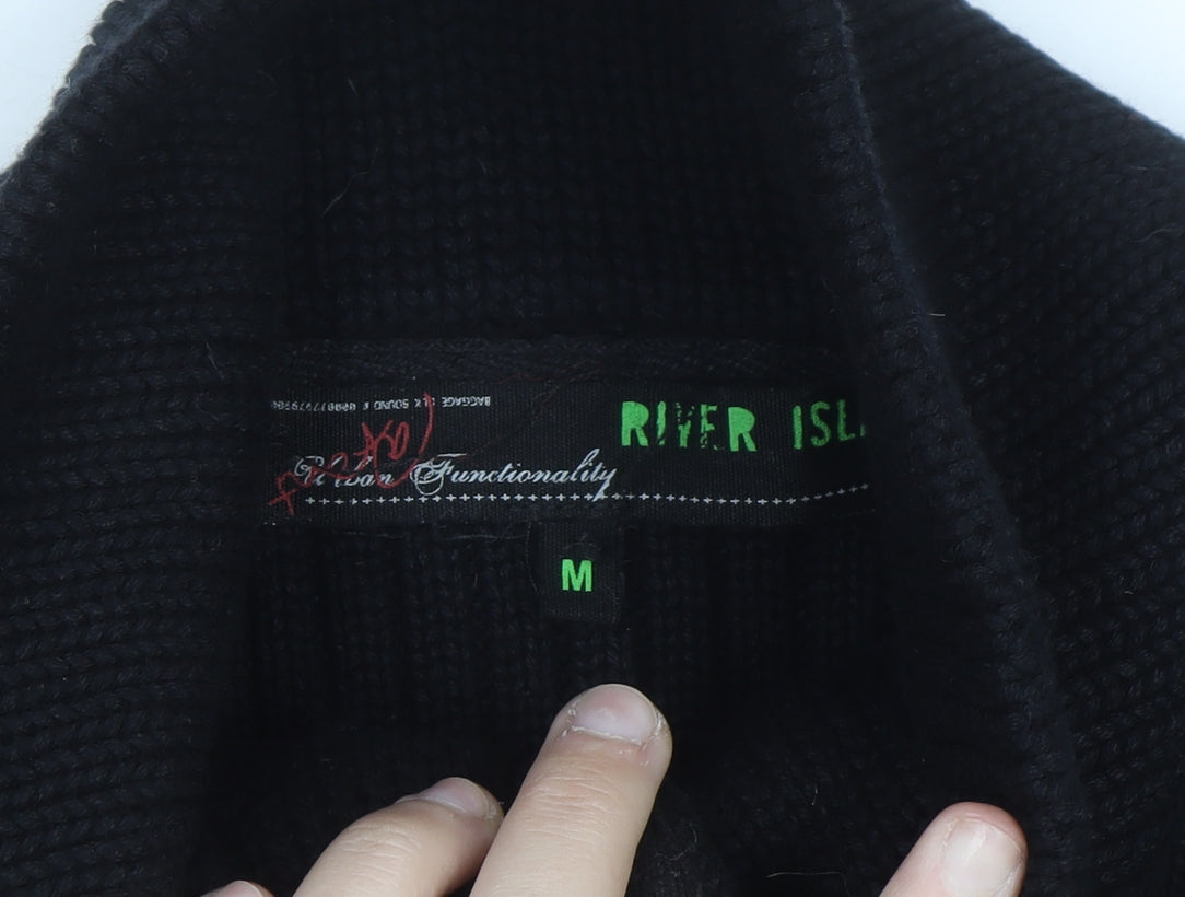 River Island Men’s Black Cotton Ribbed Henley Jumper Medium