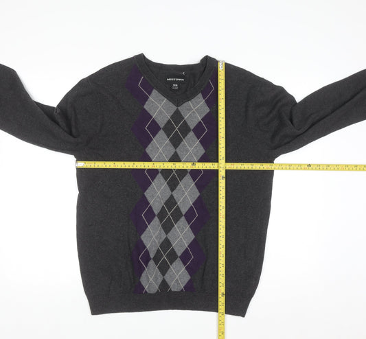Midtown Men's Grey Argyle V-Neck Cotton Jumper Size M Classic Knit