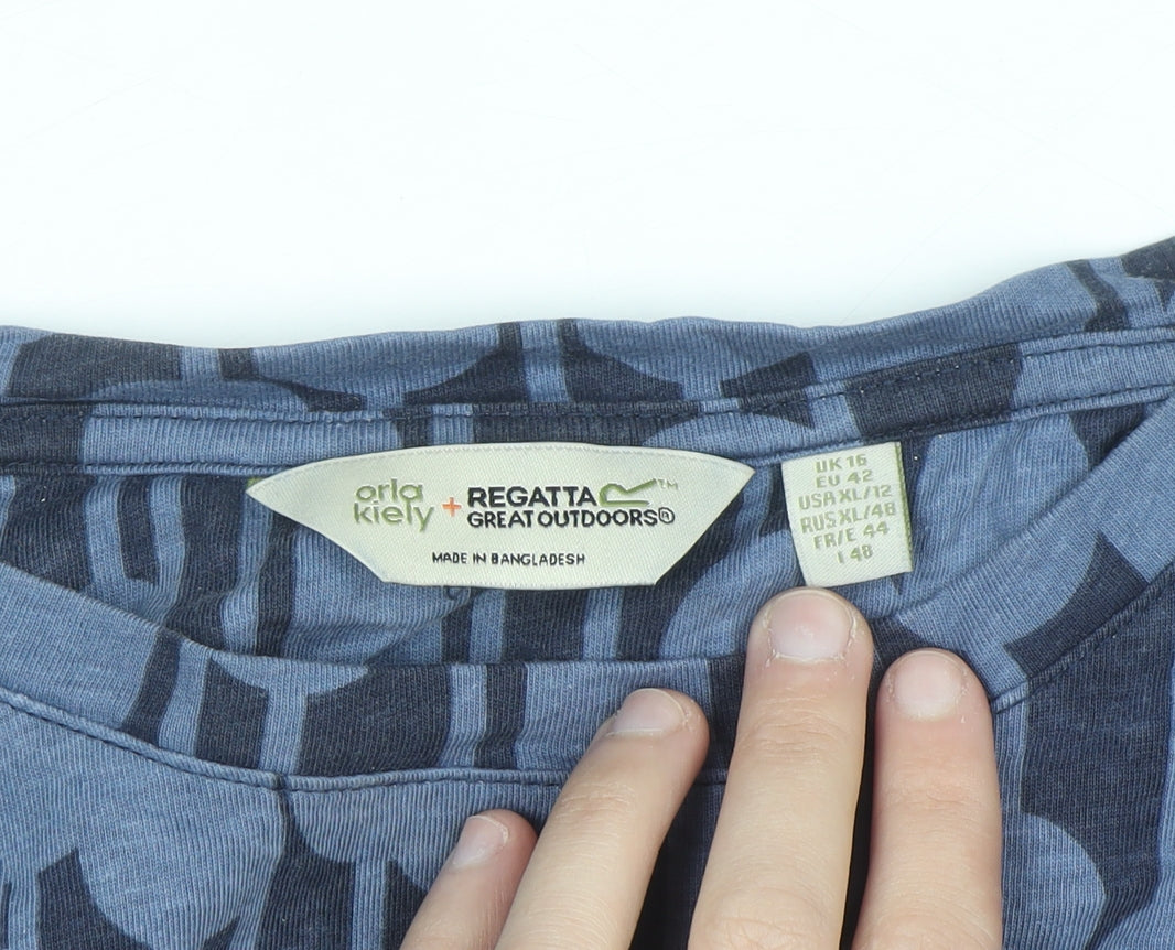 Orla Kiely Regatta Women Blue Geometric Long Sleeve Cotton Top UK 16