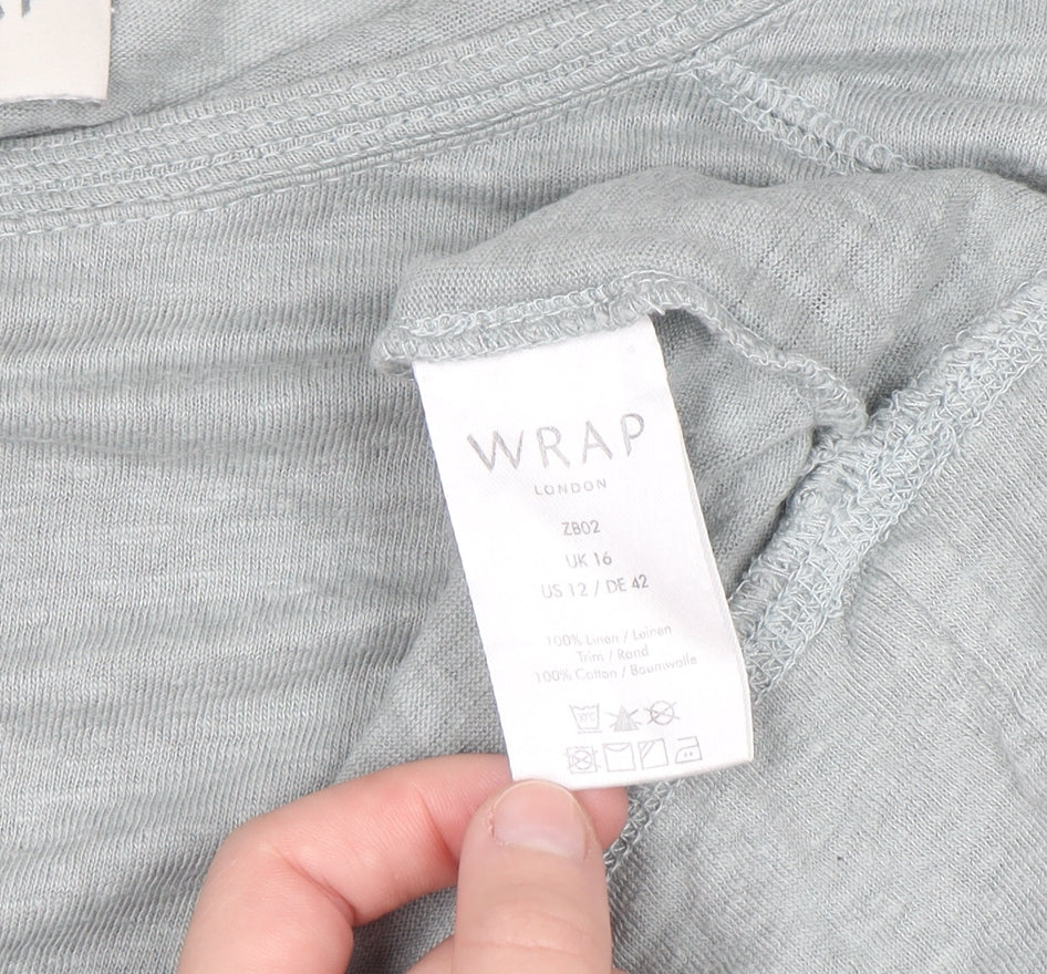 Wrap London Womens Grey Linen Long Sleeve Relaxed T-Shirt Size 16