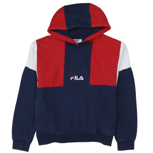 Additional front view of Fila Women's Navy Red Colourblock Hoodie, size S, Pullover Cotton Blend