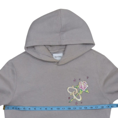 Bershka Women Grey Hooded Pullover Sweatshirt S Romantic Skull Print