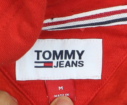 Tommy Jeans Men's Red Pullover Hoodie M Logo Graphic Cotton Blend