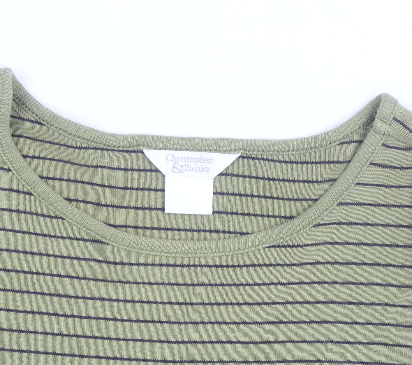 Christopher & Banks Men's Green Striped 3/4 Sleeve Cotton T-Shirt L