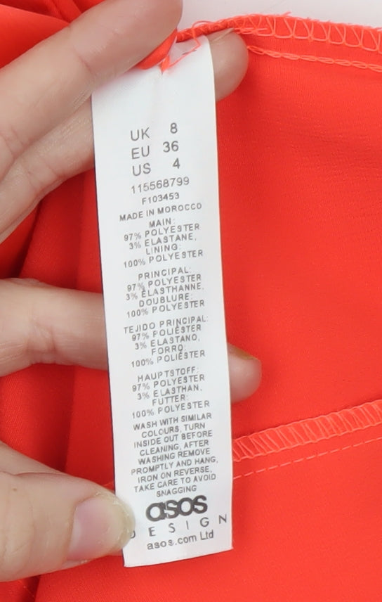 Brand and care label for ASOS Women’s Orange, size UK 8, Bodycon Midi Dress with Cut Out Detail