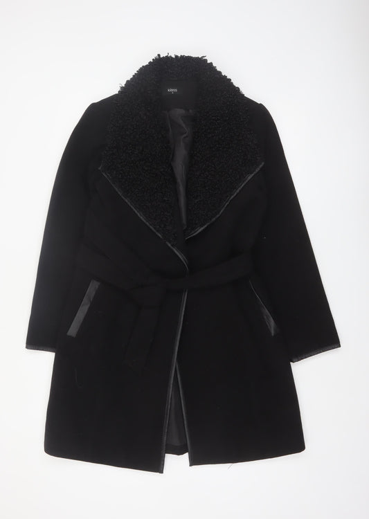 Klass Womens Black Long Belted Faux Fur Collar Overcoat Size 12