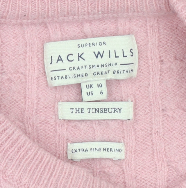 Jack Wills Women Pink Merino Wool Cable Knit Jumper Size 10
