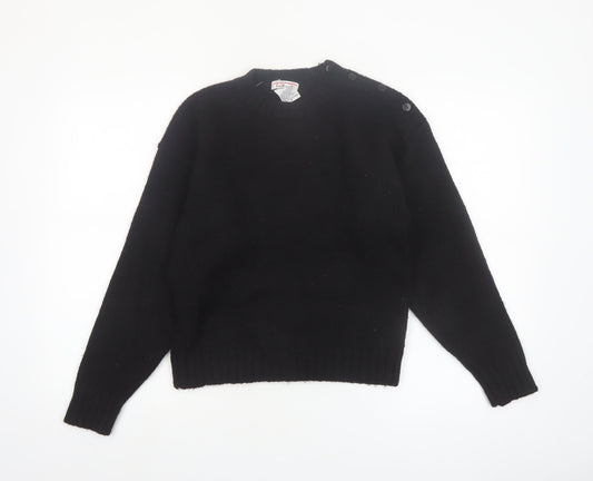 Talbots Women Black Wool Crew Neck Button Shoulder Jumper M