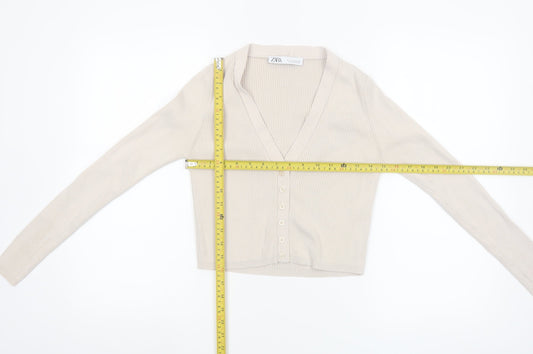 ZARA Women Beige V-Neck Slim Fit Knit Cardigan Size S