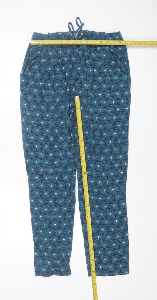White Stuff Women’s Blue Geometric Drawstring Viscose Trousers Size 10