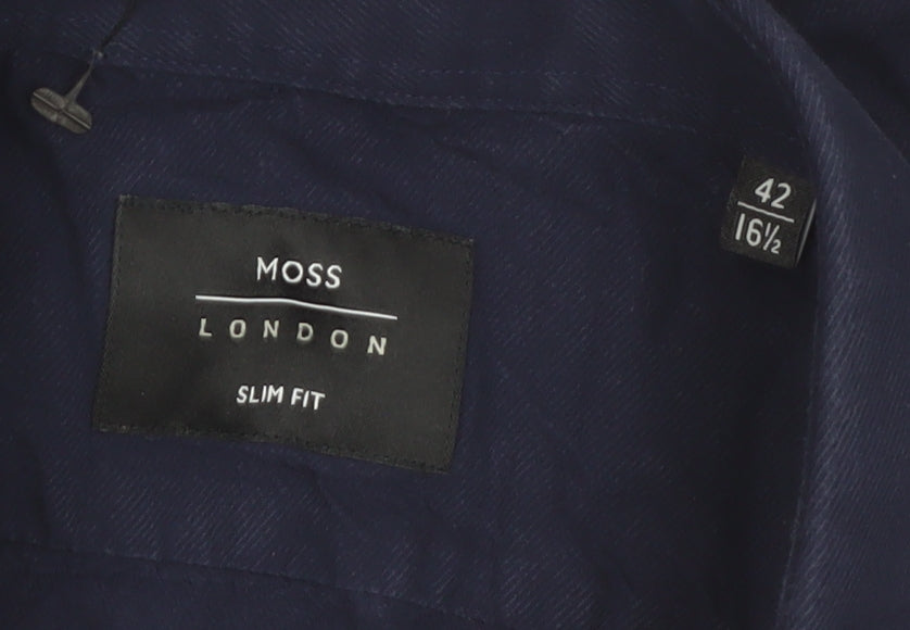 Moss London Men's Navy Slim Fit Long Sleeve Cotton Shirt 16.5in
