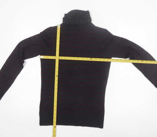 French Connection Men's Black Striped Roll Neck Slim Fit Jumper Size M