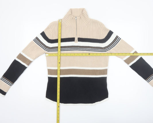 St. John's Bay Women Beige Striped Cotton Half Zip Jumper L