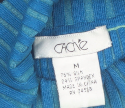 Cache Women Blue Roll Neck Ribbed Silk Blend Jumper Medium