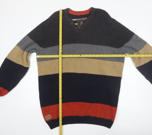 Point Zero Men’s Multicoloured XL Henley Striped Cotton Jumper