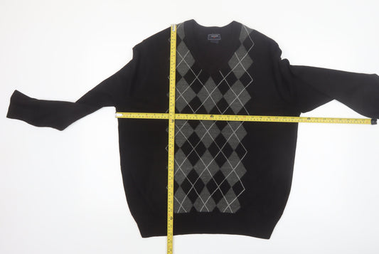 Dockers Men's Black Argyle V-Neck Acrylic Jumper Size L
