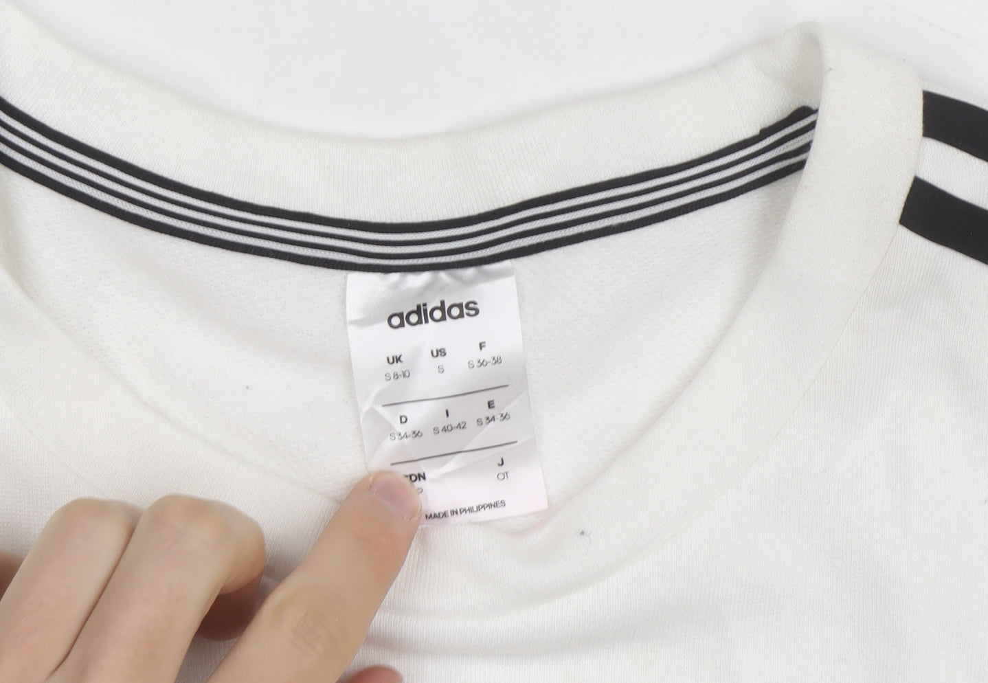 Brand and care label for Adidas Women White Crew Neck Sweatshirt S 8-10 Long Sleeve Striped Logo