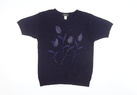Classics Women's Blue Floral Beaded Knit Short Sleeve Pullover Jumper Size F