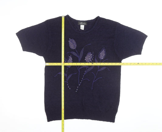 Classic Women's Blue Floral Beaded Knit Short Sleeve Pullover Jumper Size F