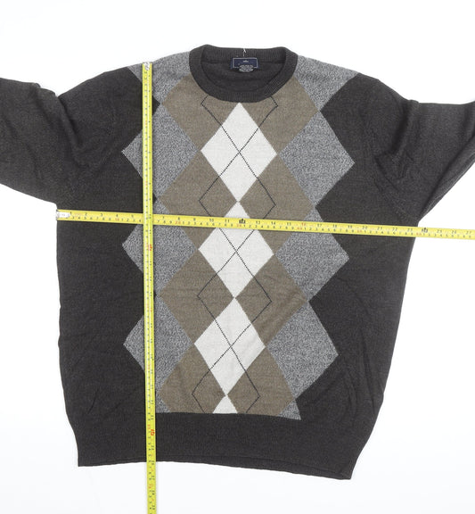 Dockers Men Grey Argyle Crew Neck Pullover Jumper Size L