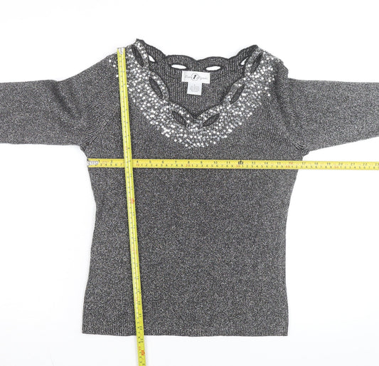 Once Again Women's Grey L Sequin V-Neck Long Sleeve Pullover Jumper