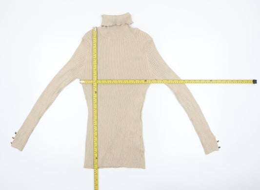 Tribekka 44 Women Beige Roll Neck Rib Knit Long Sleeve Jumper M