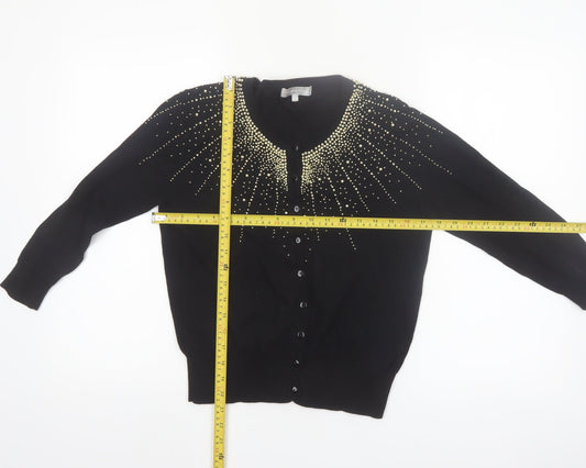 Red Herring Women's Black Beaded Crew Neck Cotton Cardigan Size 14