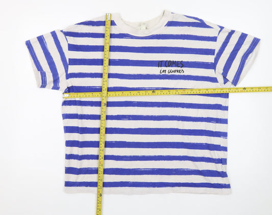 H&M Men's Blue Striped Cotton Crew Neck T-Shirt Size S