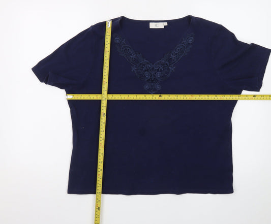 CC Women's Blue Embroidered V-Neck Short Sleeve Cotton T-Shirt XL